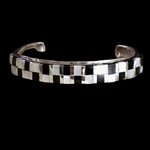 Vintage Onyx Mother of Pearl Sterling Silver Checkerboard Cuff Bracelet